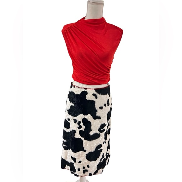 Vintage y2k designer Red and Black Cow Print fur midi pencil Skirt Size 4 - Picture 2 of 9